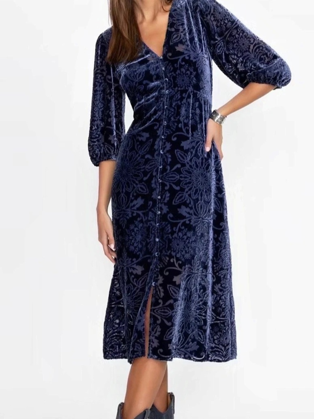 NWT! Johnny Was Ryan Floral Velvet Midi Dress in Blue